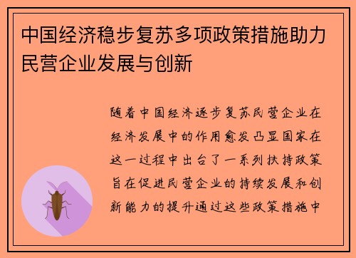 中国经济稳步复苏多项政策措施助力民营企业发展与创新
