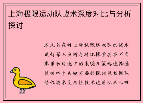 上海极限运动队战术深度对比与分析探讨