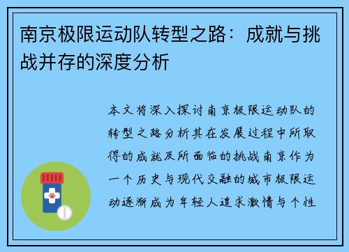 南京极限运动队转型之路：成就与挑战并存的深度分析